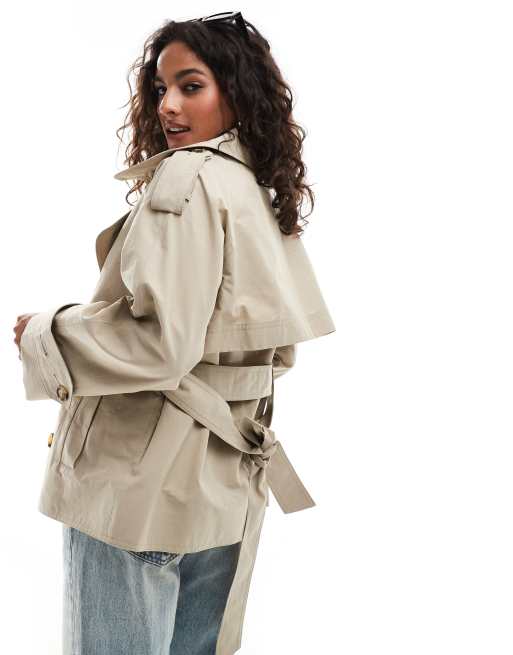 ASOS DESIGN Petite oversized short trench coat with belt in stone, 2 of 4
