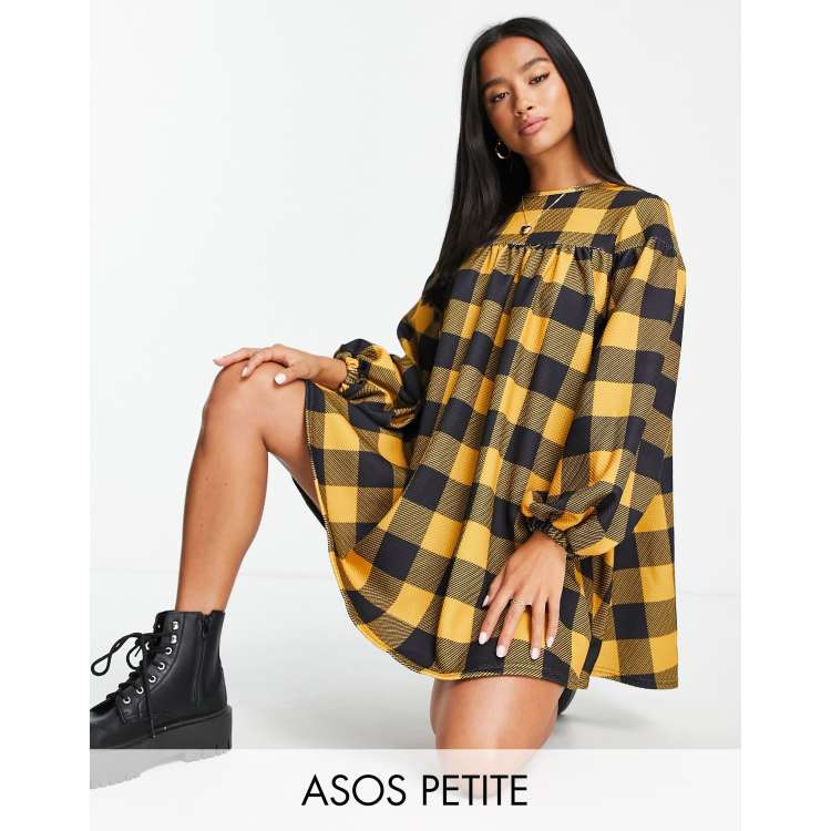 ASOS DESIGN Petite oversized smock dress with tie back in mustard gingham print ASOS