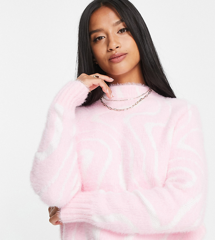 ASOS DESIGN Petite oversized sweater in swirl pattern in fluffy yarn in pink and white