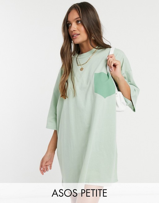 ASOS DESIGN Petite oversized t-shirt dress in with patch pocket in sage