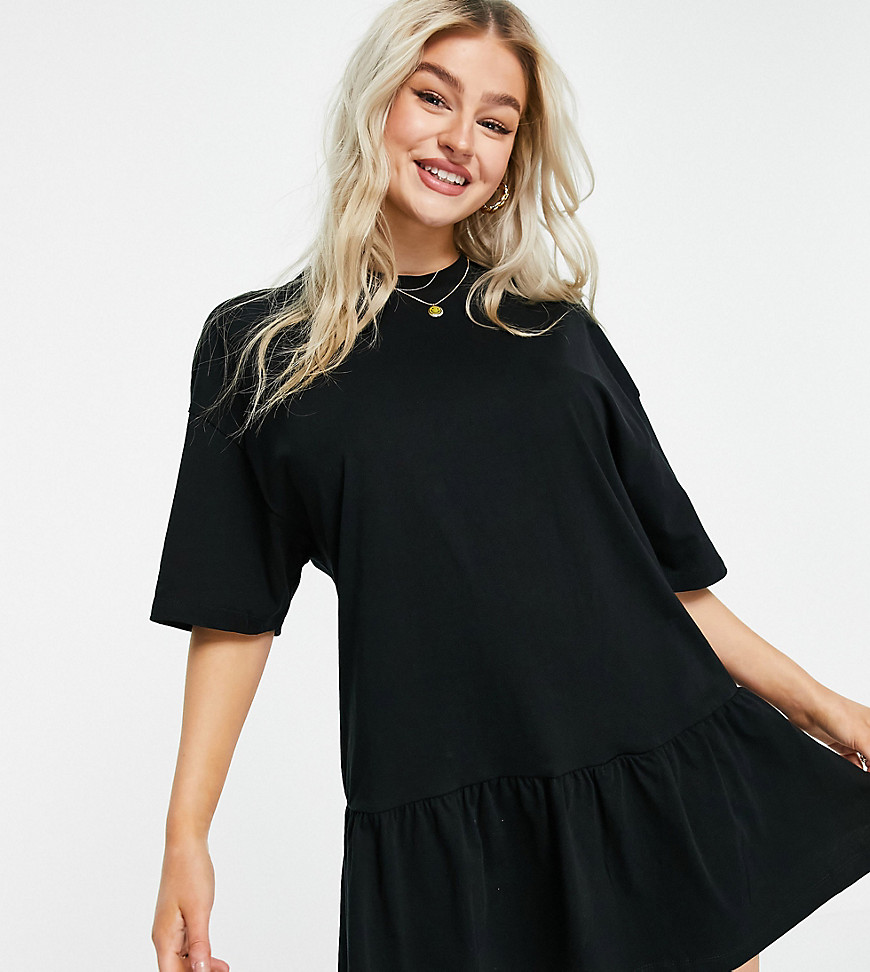 ASOS DESIGN Petite oversized t-shirt dress with frill hem in black