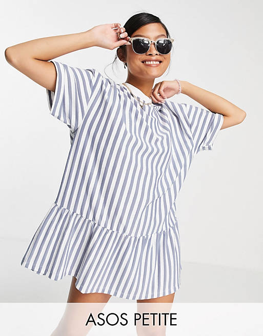 ASOS DESIGN Petite oversized t-shirt dress with frill hem in blue and cream stripe
