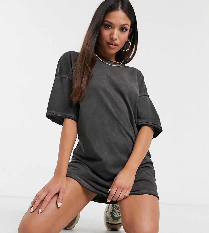 ASOS DESIGN Petite oversized t-shirt dress with raw edge in dark grey-Black
