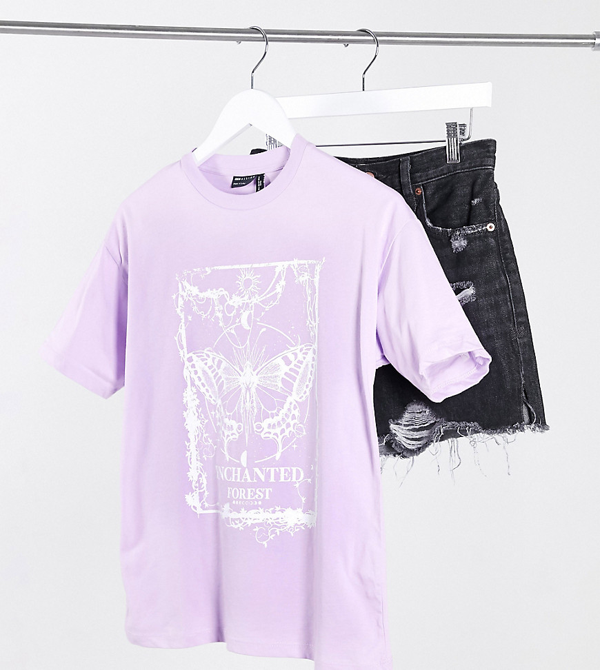 ASOS DESIGN Petite oversized t-shirt with mystic butterfly motif in puff print in lilac-Purple