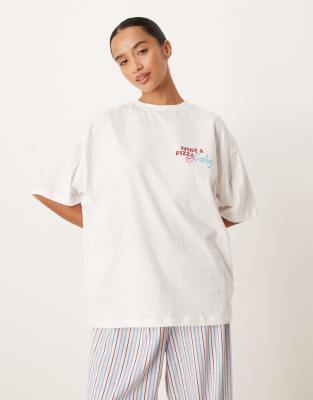 Asos Petite Asos Design Petite Oversized Tee And Wide Leg Jersey Pants Pajama Set With Pizza & Wine Graphic-mult In White