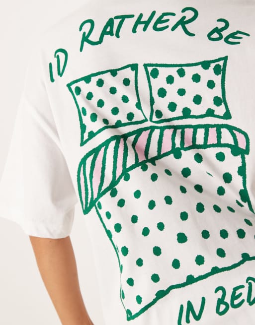 ASOS DESIGN Petite oversized tee and wide leg pants pajama set in stripes and bed graphic, 2 of 4