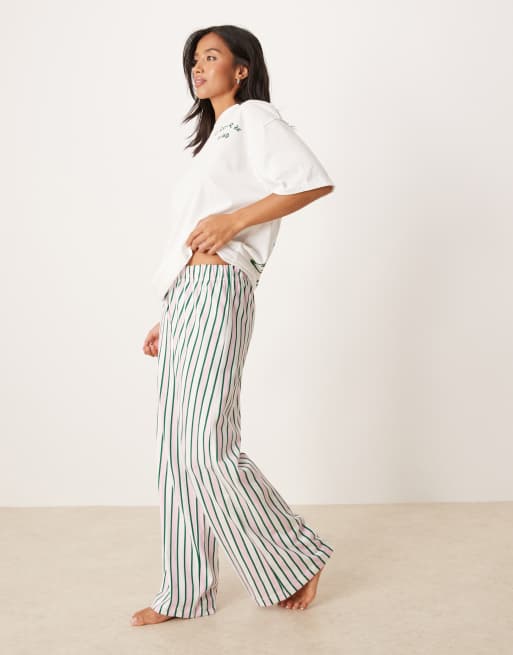 ASOS DESIGN Petite oversized tee and wide leg pants pajama set in stripes and bed graphic, 4 of 4