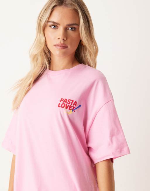 ASOS DESIGN Petite oversized tee and woven wide leg pants pajama set in pink pasta graphic, 2 of 4