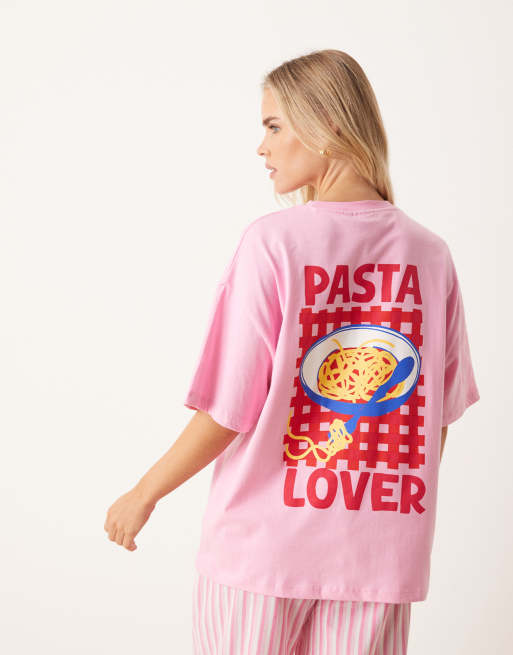 ASOS DESIGN Petite oversized tee and woven wide leg pants pajama set in pink pasta graphic, 4 of 4