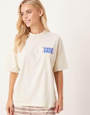 Asos Petite Asos Design Petite Oversized Tee & Wide Leg Pants Pajama Set With Girly Coffee Print In White