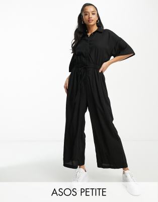 ASOS DESIGN Petite oversized tie waist shirt jumpsuit in black