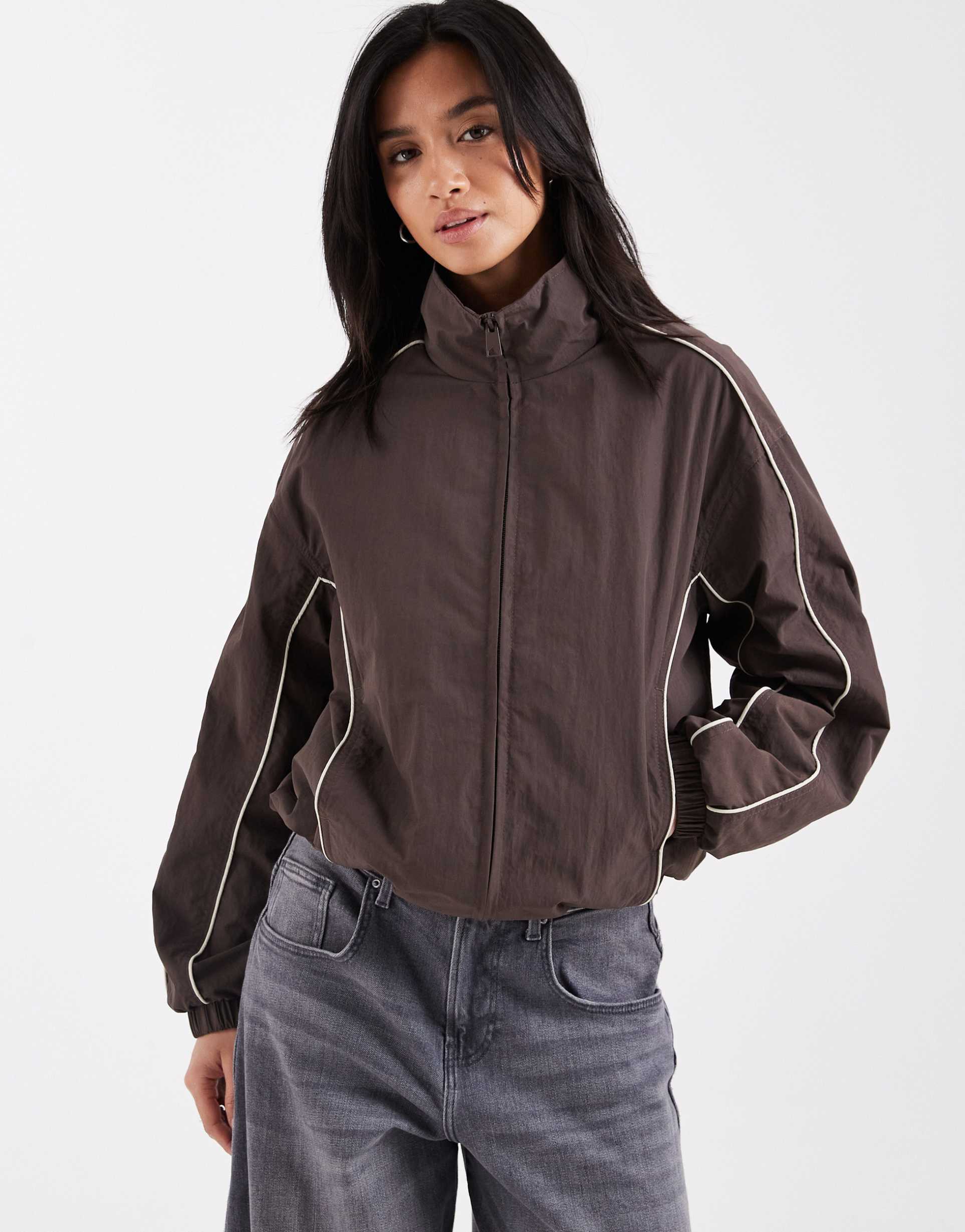 asos design petite oversized track jacket in brown with cream piping
