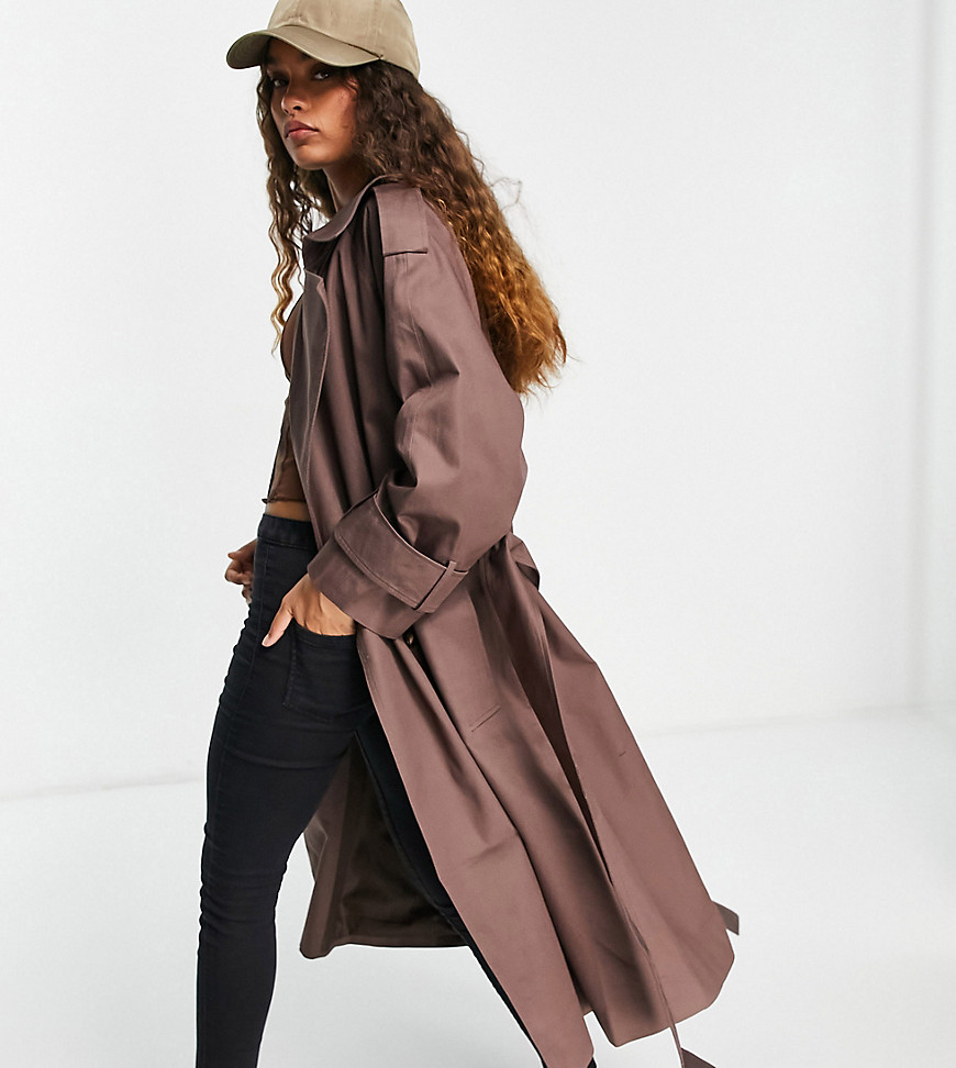 Asos Design Petite Oversized Trench Coat In Dark Brown