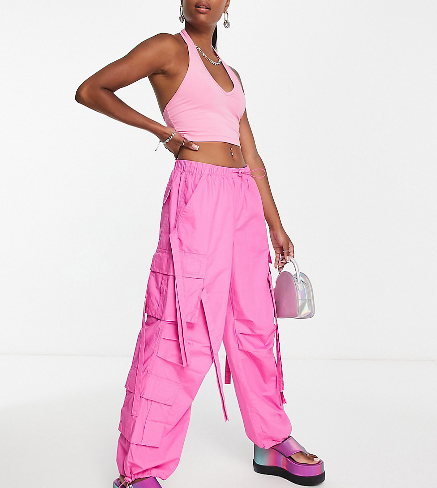 ASOS DESIGN Petite oversized utility combat pants in pink with contrast stitch