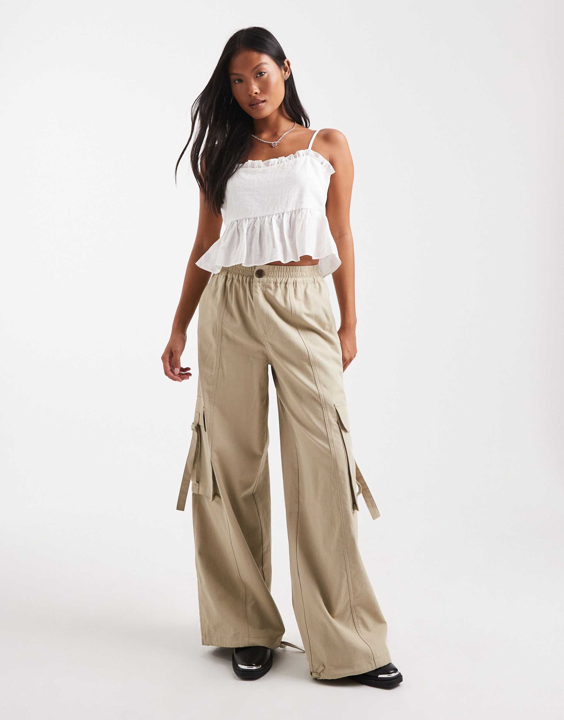 asos design petite oversized utility pull on pants in washed camel
