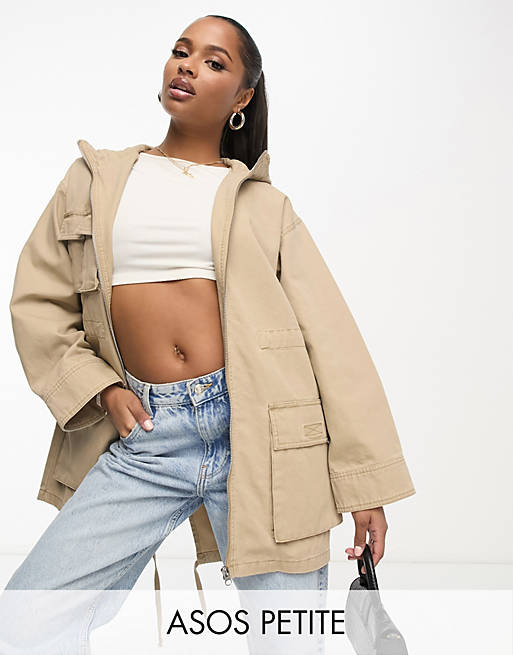 ASOS DESIGN Petite oversized washed parka with cargo pockets in sand | ASOS