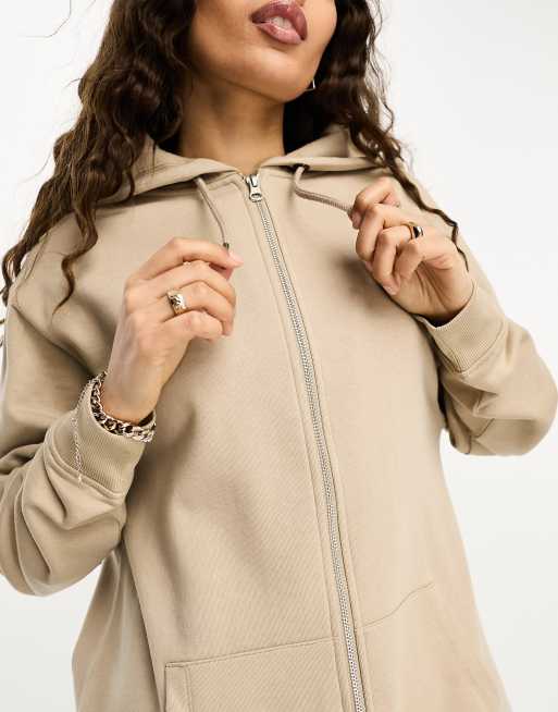 ASOS DESIGN Petite oversized zip up hoodie in taupe