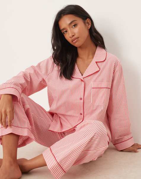 ASOS DESIGN Petite pajama set in red stripe with velvet trim - view 1