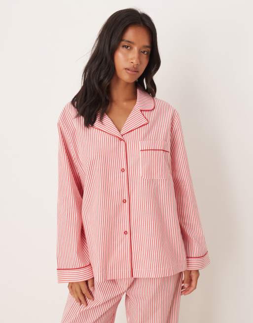 ASOS DESIGN Petite pajama set in red stripe with velvet trim