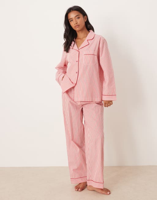 ASOS DESIGN Petite pajama set in red stripe with velvet trim