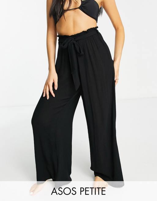 ASOS DESIGN Petite - Palazzo-strandbroek met gestrikte taille in zwart
