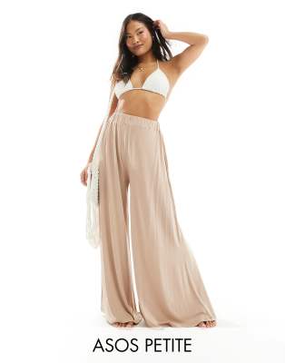 ASOS DESIGN Petite - Palazzo-Strandhose in Beige aus Jersey-Neutral