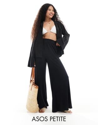 ASOS DESIGN Petite - Palazzo-Strandhose in Schwarz aus Jersey