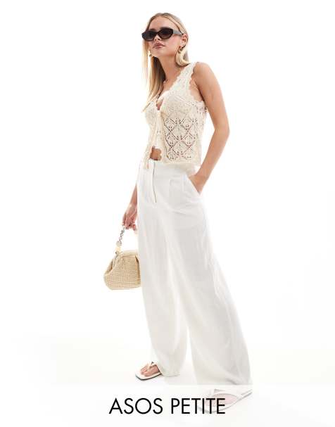 ASOS DESIGN Petite - Pantalon ajusté ample en lin avec taille haute et surpiqûres - Blanc - view 1