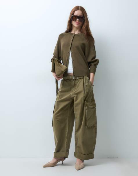 ASOS DESIGN Petite pantalon cargo à revers avec ceinture à œillets en kaki délavé - view 1