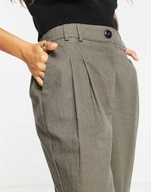 ASOS DESIGN Petite - Pantalon carotte ajusté à taille haute en lin - Kaki, 3 de 4