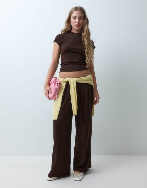 ASOS DESIGN Petite pantalón de canalé de pierna ancha de ropa de estar por casa para combinar en chocolate - view 1