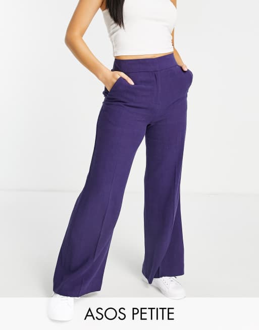 ASOS DESIGN Petite - Pantalon décontracté évasé coupe large en lin - Violet