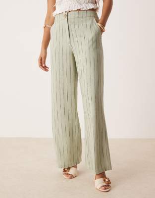 ASOS DESIGN Petite relaxed straight leg linen blend pants in sage squiggle stripes