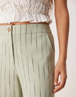 ASOS DESIGN Petite relaxed straight leg linen blend pants in sage squiggle stripes