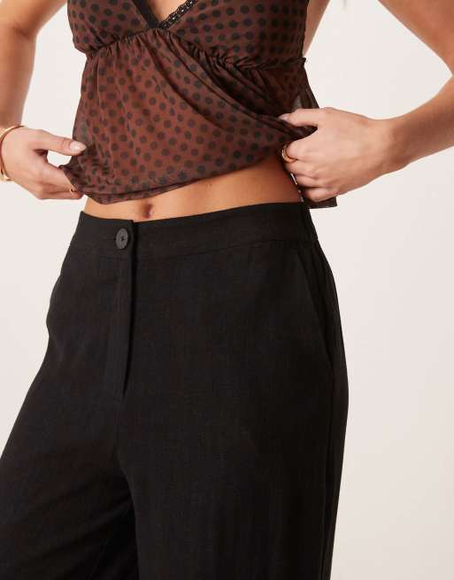 ASOS DESIGN Petite relaxed straight leg linen mix pants in black