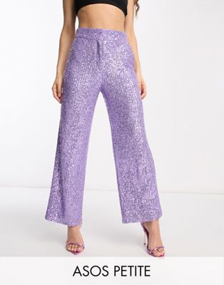 ASOS DESIGN Petite straight sequin ankle grazer trousers in purple - ASOS Price Checker
