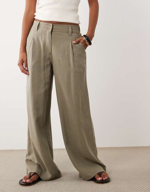 ASOS DESIGN Petite - Pantalon large à pinces en lin mélangé - Kaki, 3 de 5