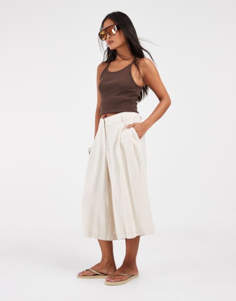 ASOS DESIGN - Petite pantalones culotte de talle alto de sastre con lino en beige - view 1