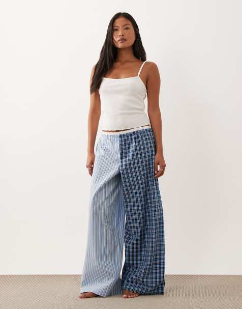 ASOS DESIGN Petite - Pantalones de pijama azules a rayas y a cuadros con diseño dividido y doble cinturilla de tejido liso - view 1