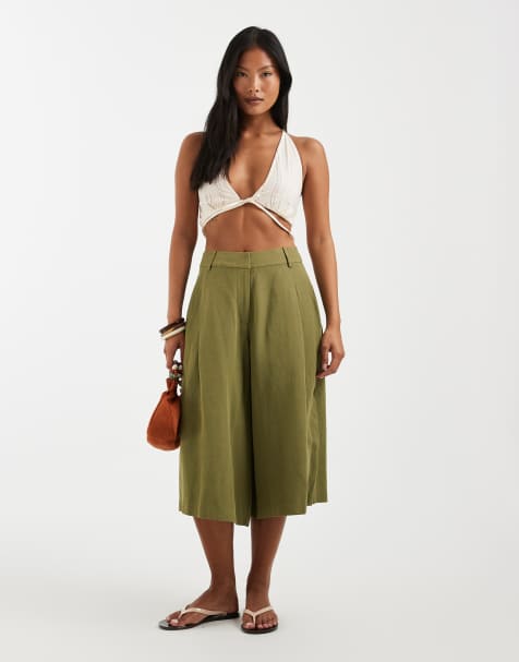 ASOS DESIGN Petite - Pantalones de sastre caqui de corte culotte de mezcla de lino - view 1