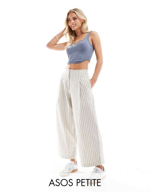 ASOS DESIGN Petite - Pantaloni a cilindro in misto lino a righe con bordo grezzo