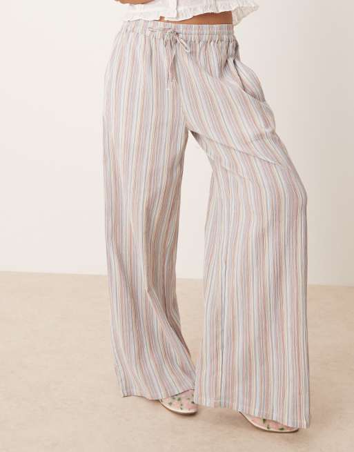 ASOS DESIGN Petite - Pantaloni a fondo ampio effetto lino a righe multicolore testurizzati, 3 di 5
