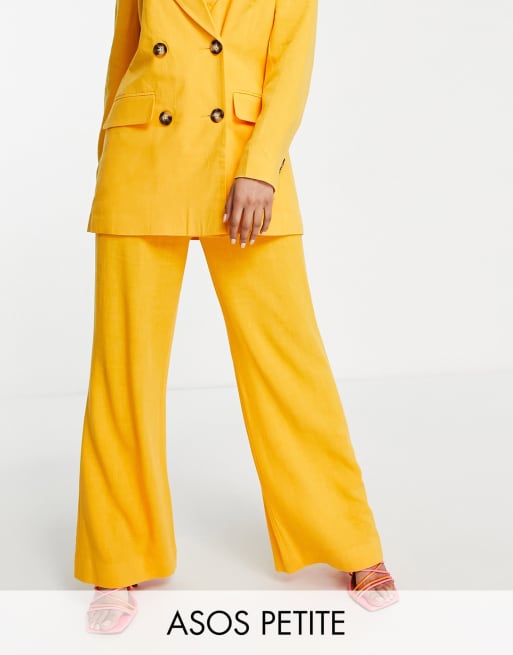 ASOS DESIGN Petite - Pantaloni comodi da abito a fondo ampio in lino color agrumi
