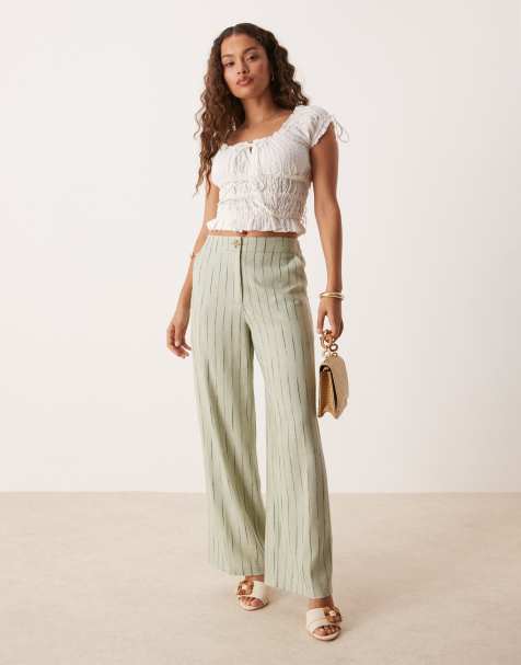 ASOS DESIGN Petite - Pantaloni dritti comodi in misto lino verde salvia a righe ondulate - view 1