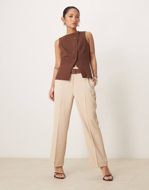 ASOS DESIGN Petite - Pantaloni dritti slim sartoriali color pietra con cintura