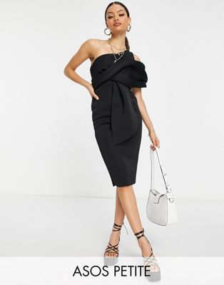 ASOS DESIGN Petite peekaboo shoulder tuck midi pencil dress in black - ASOS Price Checker