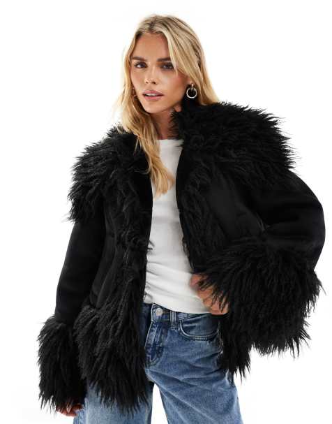 ASOS DESIGN Petite penny lane faux fur trim coat in black - view 1