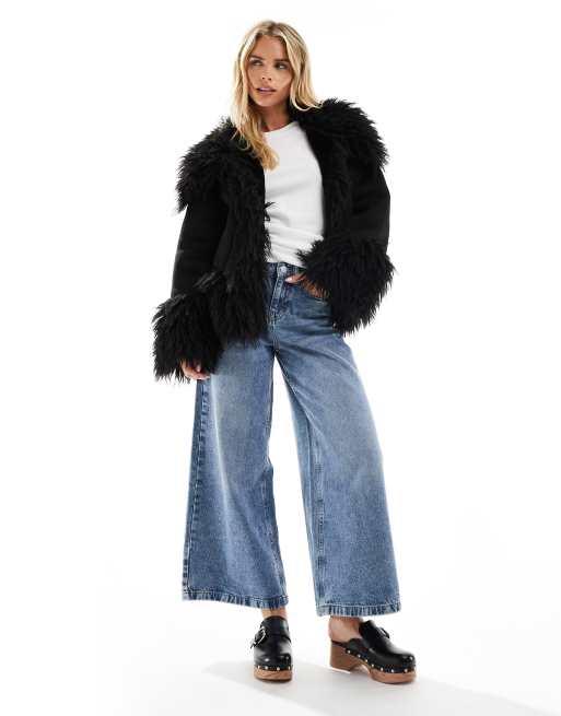 ASOS DESIGN Petite penny lane faux fur trim coat in black