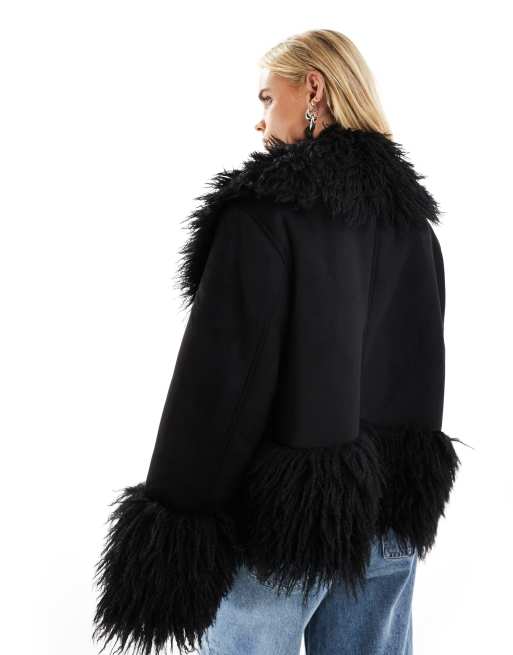 ASOS DESIGN Petite penny lane faux fur trim coat in black