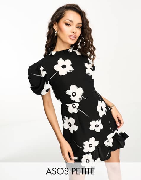ASOS DESIGN Petite pie crust neck puff sleeve mini tea dress in bold mono floral print